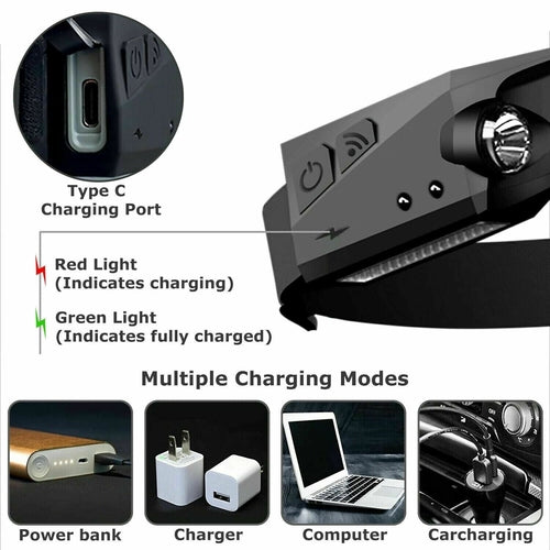 COB LED Headlamp USB Rechargeable Headlight Torch Work Light Bar Head 